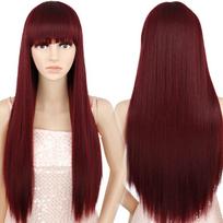 MISS WIG Burgundy ilgas tiesus perukas su kirpčiukais Sintetinių plaukų perukas moterims Karščiui atsparus Cosplay perukas Vienspalvis perukas