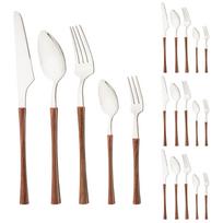 Jankng 24Pcs Kitchen Flatware Set Imitation Wood Cutlery Brown Knife Fork Spoon Dinnerware Set Stainless Steel Tableware Set ruda/sidabras