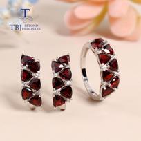Naujo dizaino Papuošalai Mozambikas Granatas natūralus brangakmenis Žiedas auskarai 925 sterlingų sidabras moteriški puikūs papuošalai Papuošalų rinkinys us ring size 5# raudona