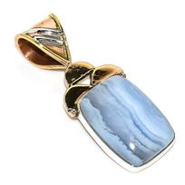 Natural Blue Lace Agate Two Tone 925 Solid Sterling Silver Pendant 1.50'' J1s60