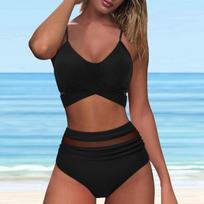bikini Sexy Girl Solid Women's Swimsuit  Split Cross Backless Two Piece Set For Teenagers biquinis feminino tendência 2025 S juoda