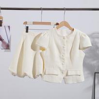 Tweed Puffy Sleeve Shirt Bubble Skirt Set Lady Retro Chic Solid Button Slim Shirts Mini Skirts Sets Women 2025 Party Outfits L beveik baltos spalvos
