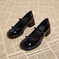 French Retro High-Heeled Mary Jane Shoes Women'S Summer Bow Brown Round Head British Style Small Leather Shoes 35