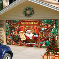2D Christmas Garage Door Banner Santa's Workshop with Gifts & Elves Holiday Decor 47.2x31.5inch/120*80cm