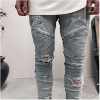 Street Ripped Three-Dimensional Cut Slim Fit Elastic Small Leg Motorcycle Jeans 28 šviesiai mėlyna spalva
