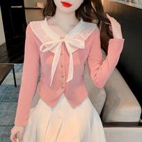 Spring New Style French Hepburn Style Bow Chic Lace Collar Sweet Slimming Fashionable and Versatile Long-sleeved Top for Women S rožinė