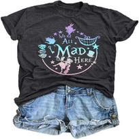 Alisa Stebuklų šalyje marškinėliai moterims Atostogų marškinėliai Mes visi čia pamišę T-shirt Pamišusi arbatėlė marškinėliai Mielos grafinės T-shirt viršūnės S juoda