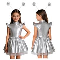 Iridescent Alien Tutu Dress Set for Girls: 2Pcs Costume with Flying Sleeves & Invisible Zipper, Perfect for Dress Up & Shows 5-6 Years auksas