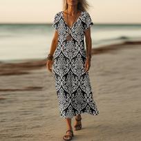 Vasaros suknelė Moteriška ilga Boho paplūdimio suknelė Elegantiška Maxi suknelė V formos iškirpte Trumpomis rankovėmis Vasarinė tunikos suknelė Lengva, orui laidi L juoda