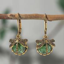 Metal Dragonfly Pendant Earrings Carving Pattern Vintage Inlaid Moonstone Drop Earrings Drop Earrings Vintage Dragonfly Earrings žalia