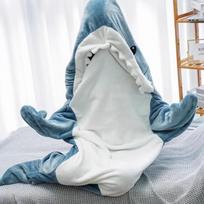 Flannel Adult Shark Hooded Sleeping Bag Onesie Pajamas - Cartoon Fish Design 170CMX110CM (M) pilkai mėlyna spalva