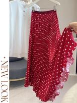 Korean-Japanese Red Polka Dot Chiffon Pleated High-Waist Slimming Long Skirt for Women One Size