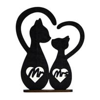 Rustic Mr. & Mrs. Sign Wooden Couple Cat Wedding Sign Romantic Black Cats Snuggling Silhouette Heart Decoration for Wedding Valentine's Day juoda