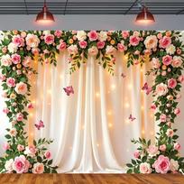2D Party Curtain Backdrop, 2D Flat Printing Rose Arch with Lights for Birthday & Events 47.2x31.5inch/120*80cm white