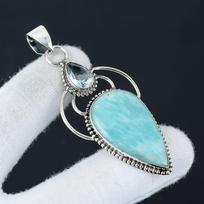 Natural Amazonite Gemstone Silver Pendant in 925 Sterling Silver- Handmade Design, Everyday Wear Jewelry, Unique Blue Topaz Pendant Waddding Gift 2.55" žalia