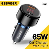 Essager USB įkroviklis 65W automobilinis įkroviklis greitas įkrovimas Qc3.0 4.0 USB C įkroviklis skirtas iPhone 14 13 nešiojamojo kompiuterio skaitmeninis ekranas greitas įkroviklis Blue