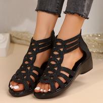 fashion Brand Design Crystal Roman Sandals Women Peep Top Wedge Sandalias Mujer 2024 Summer Hollow Out Gladiator Shoes Woman Plus Size 36 juoda