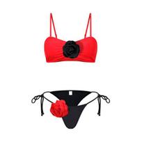 2 vnt./kompl. Moteriškas bikini komplektas su petnešėlėmis, gėlėmis, nėriniais suvarstomais šortukais, trimatėmis gėlėmis, reguliuojamomis petnešėlėmis, maudymosi kostiumėlis S raudona