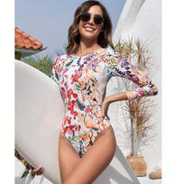 Moteriškas vientisas rashguard ilgomis rankovėmis, gėlėtas, vientisas maudymosi kostiumėlis, seksuali atvira nugara, banglenčių kostiumas, apsauga nuo saulės S