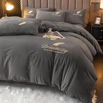 Solid Color Minimalist Luxury Crystal Fleece 4Pc Bedding Set Elegant Embroidery Feather Soft Skin-Friendly Duvet Cover Sheet EU Single(135*200cm)3pcs