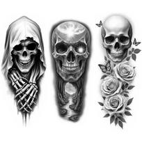 3 vnt. laikinos tatuiruotės Realistiškos laikinos tatuiruotės Puošnus kaukolės kaukolės tatuiruotė Su gobtuvu skeletas Suaugusiems Vyrams Šlaunys gray
