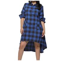 Women's Boyfriend Casual Pocket Long Sleeve Plaid Shirt Irregular Dress S mėlyna