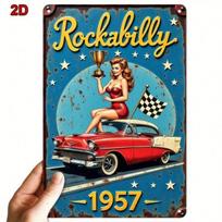 Vintažinis 1957 m. Pin-up merginos metalinis plakatas, sienų dekoracija garažui