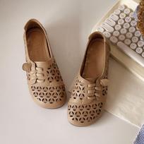 New Style Beige Loafer Shoes for Women 2024 Summer Flower Hollow Out Flats Retro Brown Summer Leather Sneakers CN 35 chaki