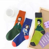 3 Pairs Cartoon Tall Tube Mona Lisa Socks Men and Womencreative Socks Women's Korean Version of Literary Tube Socks