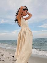 Solid Backless Beach Sling Dresses Women Summer Vintage V-neck Sleeveless Loose A-line Dress L abrikosas