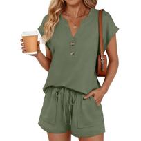 2-piece Set With Women's Shorts, Matching, For Relaxing, Airport, Travel, Vacation, Beach, Suit With Pocket L armijos žalia spalva
