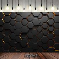 2D Modern Black Geometric Hexagon Tapestry with Warm Orange Light Lines 47.2x31.5inch/120*80cm