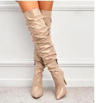 Moteriški batai virš kelių aukštakulniai lakinės odos kietas smailus pirštas, šoninis užtrauktukas Sapatos Femininos 35 abrikosas