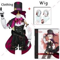Lyney Cosplay  Costume Wig Fontaine Lyney Leather Magician Uniform Short Hair Glove Twins Halloween Carnival Game L-(Costume+Wig)
