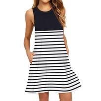 Women's Fashion Beach Dress Sleeveless Round Neck Stripe Print Dress L juoda