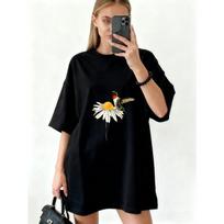 Per dydžio T-shirt suknelė Juoda Kolibrio ir Ramunėlių Atspaudas Laisvalaikio Drabužis Moterims S juoda