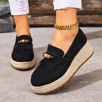 Fashion Bohemia Colorful Bead Decoration Loafer Shoes Women Autumn Comfort Hemp Wedge Heel Pumps Fashion Tassels Suede Slip On Shoes 35 juoda