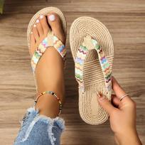 Fashion Ethnic Style Flat Heel Flip Flops Women's Fashion Trend, Anti Slip, Wear-resistant, Comfortable Soft Bottom Beach Shoes 36