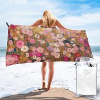 Gustav Klimt Pink Flower Garden Beach Towel Soft Microfiber Quick Dry Absorbent Quick Towels For Swimming W30*H60(CM)