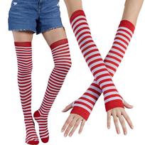 (Projector)Fashion Striped Cotton Long Tube Seven Rainbow Gloves + Socks Combination One Size raudona