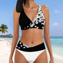 Moteriškas maudymosi kostiumėlis su juoda oranžine vyšnių žiedų raštu „Bikinis Tankini“. S balta