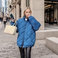 Pussezono striukė moterims Žieminė moteriška laisvai stovinti apykakle Medvilninė striukė Moteriška žieminė trumpa striukė su užtrauktuku Parkas S mėlyna