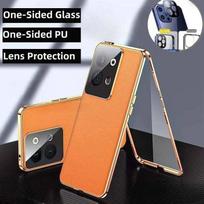 Magnetic Case for Xiaomi Redmi Note 14 Pro/ Pro+ 5G 14R Full-Body Protection Hybrid Leather Shell with Metal Bumper & Anti-Scratch Tempered Glass Redmi Note 14 oranžinė