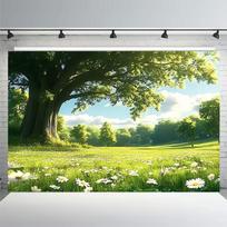 2D Nature Meadow Backdrop Cloth Green Oak Tree White Daisy Photography Background 47.2x31.5inch/120*80cm white