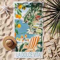 La Dolce Vita Italija Vintažinis Spritz Paplūdimio Rankšluostis - Itin Minkštas Mikropluoštas, Greitai Džiūstantis, Pakrantės Vaizdas su Apelsinais ir Kėdėmis W30*H60(CM)