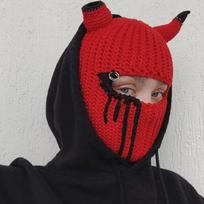 Rabbit Ear Knitted Balaclava Hat Full Face Cover Ski Cap Elastic Devil Horn Beanie  Outdoor Sports raudona