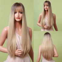 Ombre Brown Auksiniai sintetiniai perukai su kirpčiukais Ilgi Šilkiniai Tiesūs Cosplay Perukai Juodiems Karščiui atspariems plaukams brown