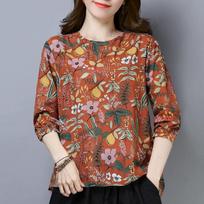 Floral T-shirt Women's Three-quarter Sleeve Spring and Autumn Large Size Round Neck Bottoming Shirt Top M oranžinė