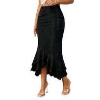 Women Midi Skirt Sexy Hip-Hugging Design Hip-Covering Pure Color Party Skirt Glitter Low-rise Ruffle Hem Fishtail Skirt Daily Wear L