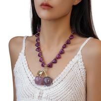 Acrylic Cherry Pendant Love Heart Beadeds Bohemia Choker Exaggerated Women Cherry Necklace  Female violetinė